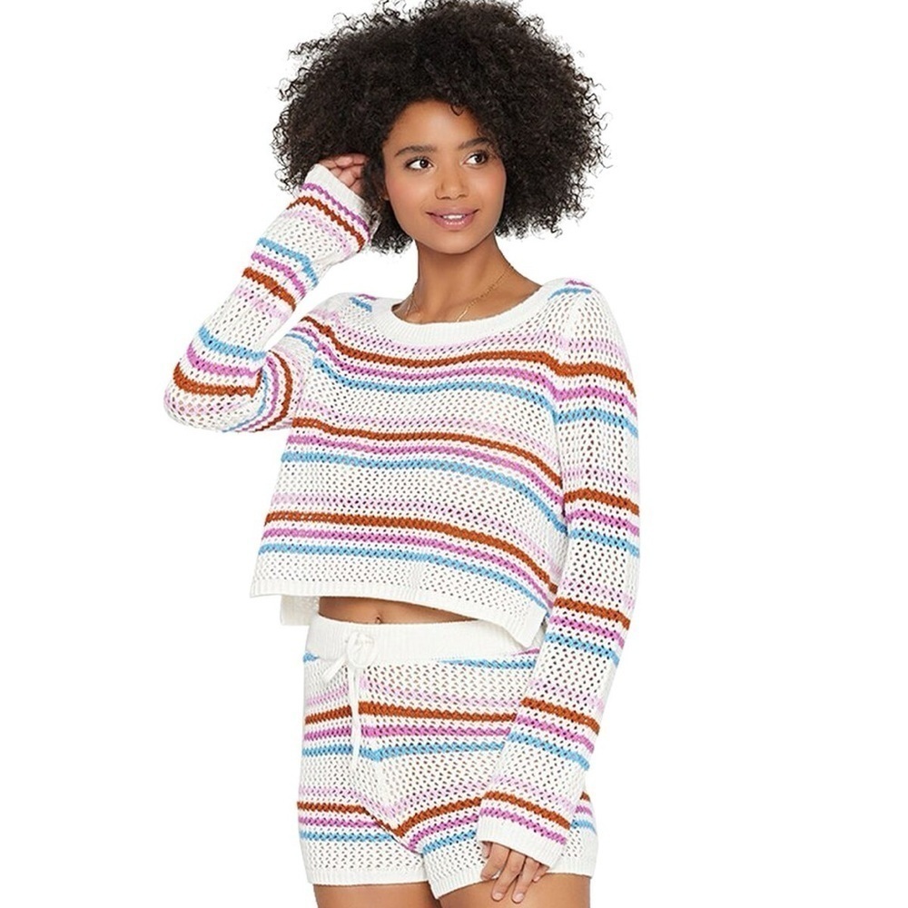L*Space On The Horizon Striped Color Crochet Cover-Up Sweater Open Knit Size XL